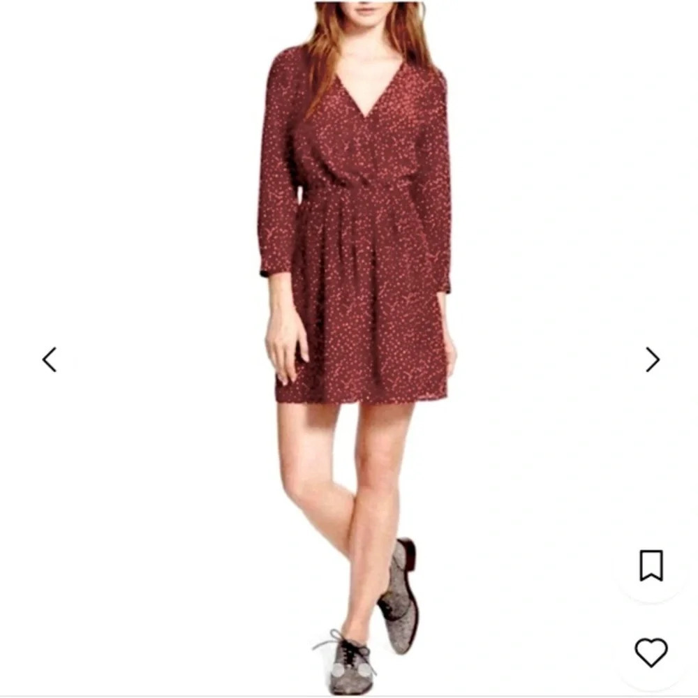 Madewell 100% Silk Maroon V-Neck Long Sleeve Faux Wrap Polka Dot Dress Size 0